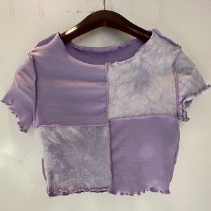 Purple patchwork lettuce trim y2k baby tee top